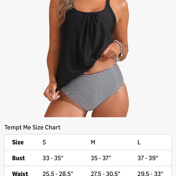 Black Stripe Blouson Two Piece Tankini Swimsuits for Women Tummy Control 18 PLUS - Picture 6 of 6